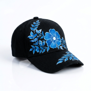 handmade blue floral painted black cap – custom hand painted leaf & flower baseball hat | unique artisan cap