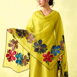 hand painted floral dupatta for women – green chiffon designer dupatta
