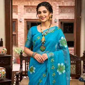 blue floral organza saree for women – elegant designer party wear saree